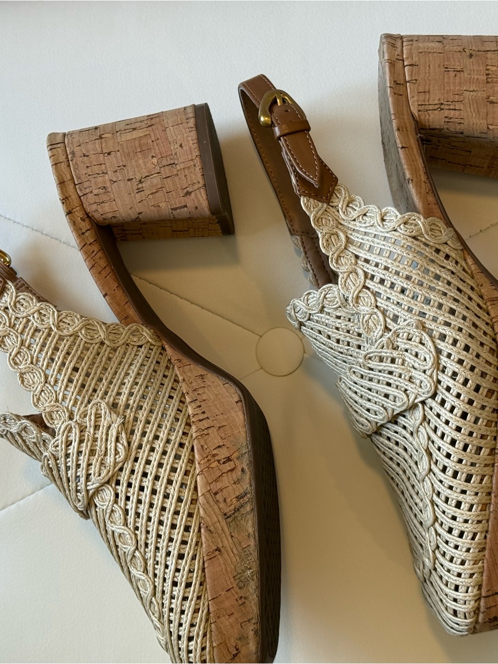 AEROSOLES Cream Woven Slingback Block Heel Sandals with Brown Accents